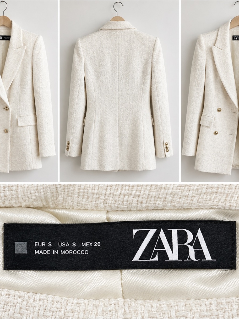 Zara Off-White Textured Bouclé Blazer with Gold Buttons